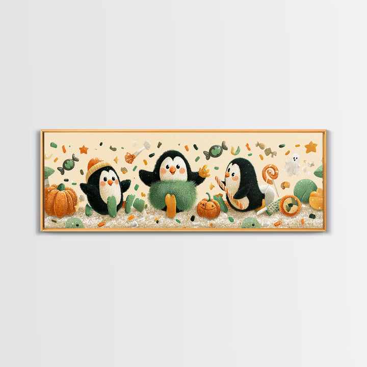 The Penguin Monster, Plush Halloween Art, Extra Wide Wall Art, Canvas Print, Cute Halloween Wall Art