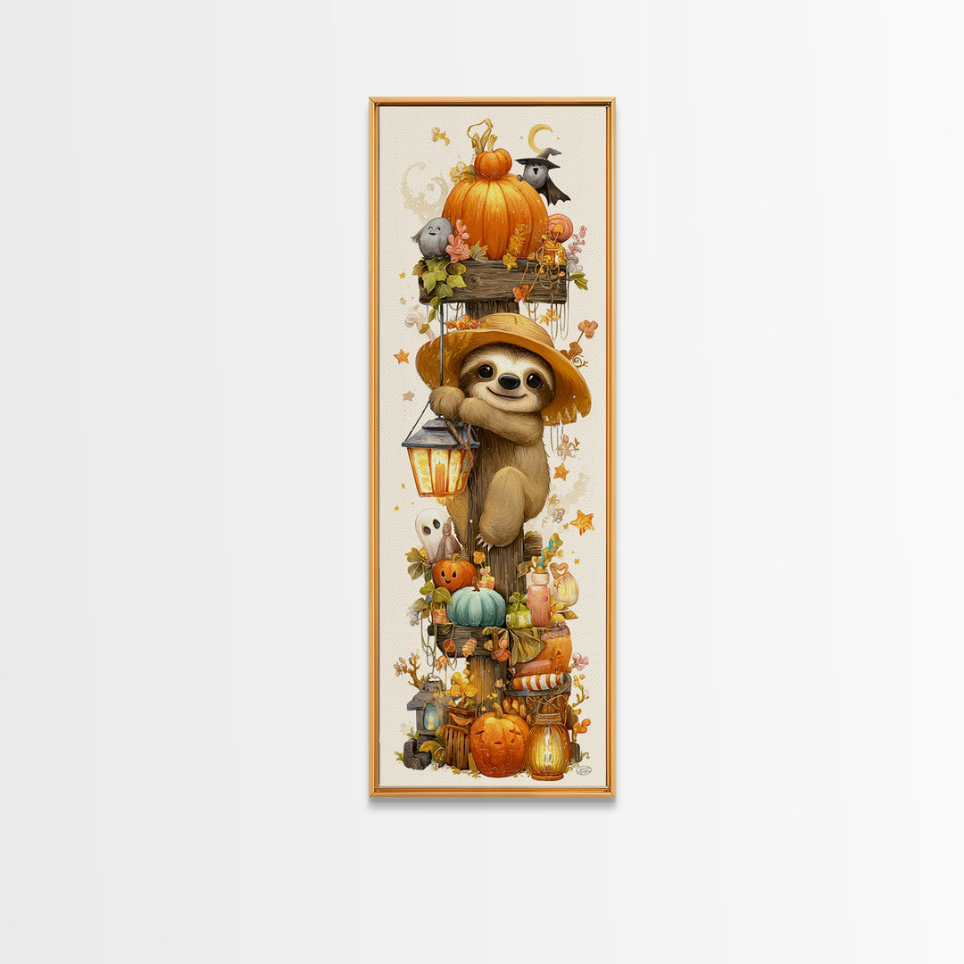 The Scarecrow Sloth, Kawaii Halloween Art, Tall Narrow Wall Art, Framed Canvas Print, Cute Halloween Wall Art