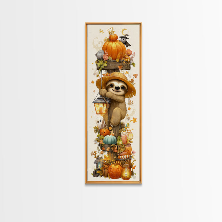 The Scarecrow Sloth, Kawaii Halloween Art, Tall Narrow Wall Art, Framed Canvas Print, Cute Halloween Wall Art