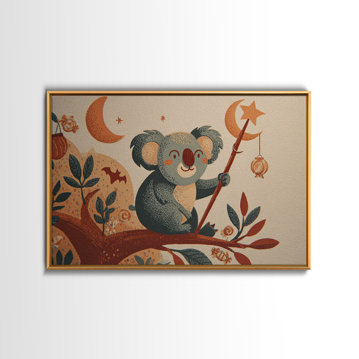 The Koala Wizard, Screenprint Halloween Art, Landscape Wall Art, Framed Canvas Print, Cute Halloween Wall Art