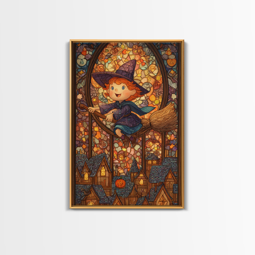 The Witch With A Balloon Broom, Stained Glass Halloween, Vertical Wall Art, Canvas Print, Cute Halloween Wall Art