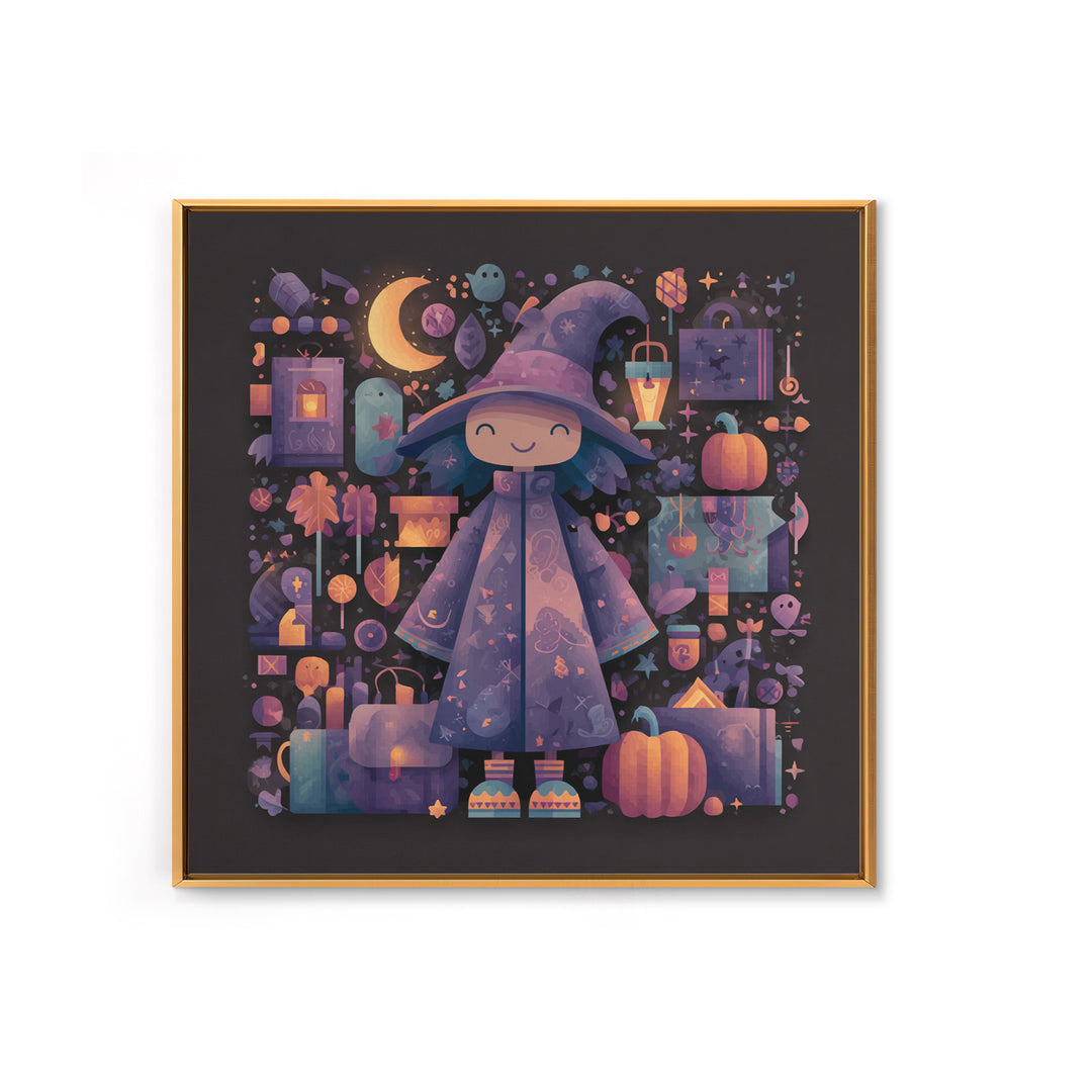 The Moonlight Pajama Witch, Pixel Halloween Art, Square Wall Art, Canvas Print, Cute Halloween Wall Art