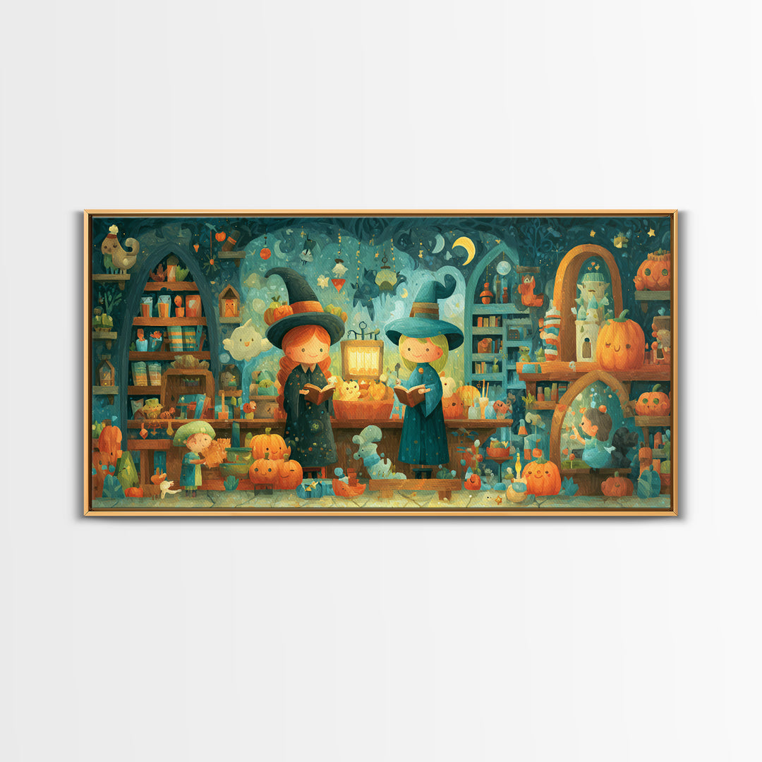 The Tiny Hat Shop Witch, Vector Halloween Art, Wide Panoramic Art, Framed Canvas Print, Cute Halloween Wall Art