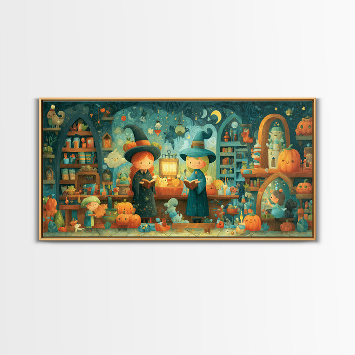 The Tiny Hat Shop Witch, Vector Halloween Art, Wide Panoramic Art, Framed Canvas Print, Cute Halloween Wall Art