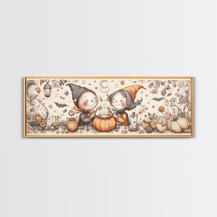 The Pumpkin Potion Twins, Hand Sketch Halloween Art, Extra Wide Wall Art, Canvas Print, Cute Halloween Wall Art