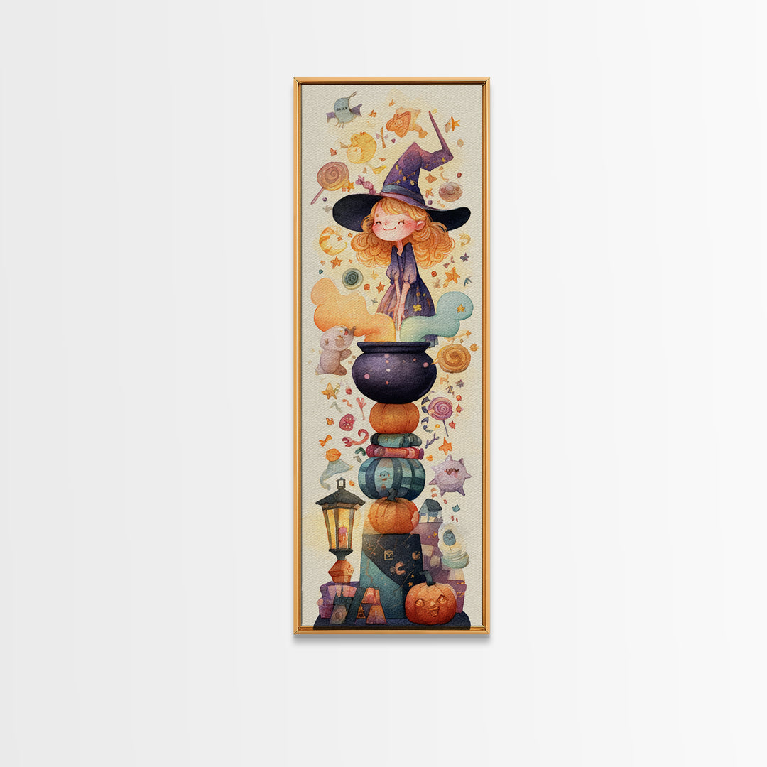 The Rainbow-Cauldron Witch, Watercolor Halloween Art, Tall Narrow Wall Art, Framed Canvas Print, Cute Halloween Wall Art