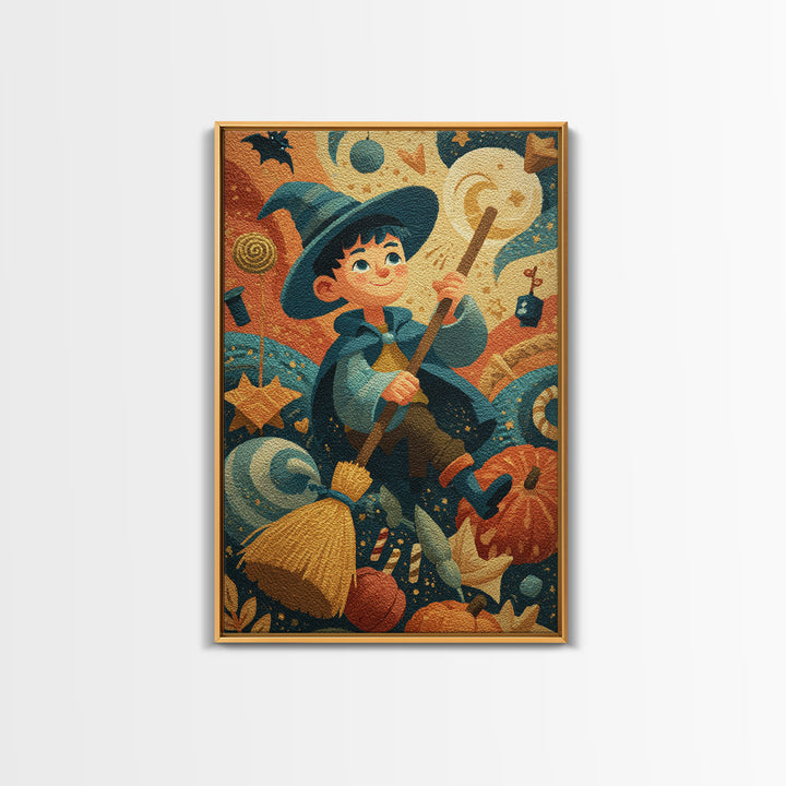 The Stardust Apprentice, Gouache Halloween Art, Vertical Wall Art, Canvas Print, Cute Halloween Wall Art