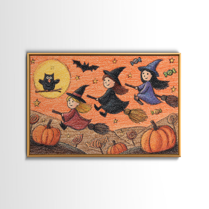 The Broomstick Riding Lesson, Crayon Halloween Art, Landscape Wall Art, Framed Canvas Print, Cute Halloween Wall Art