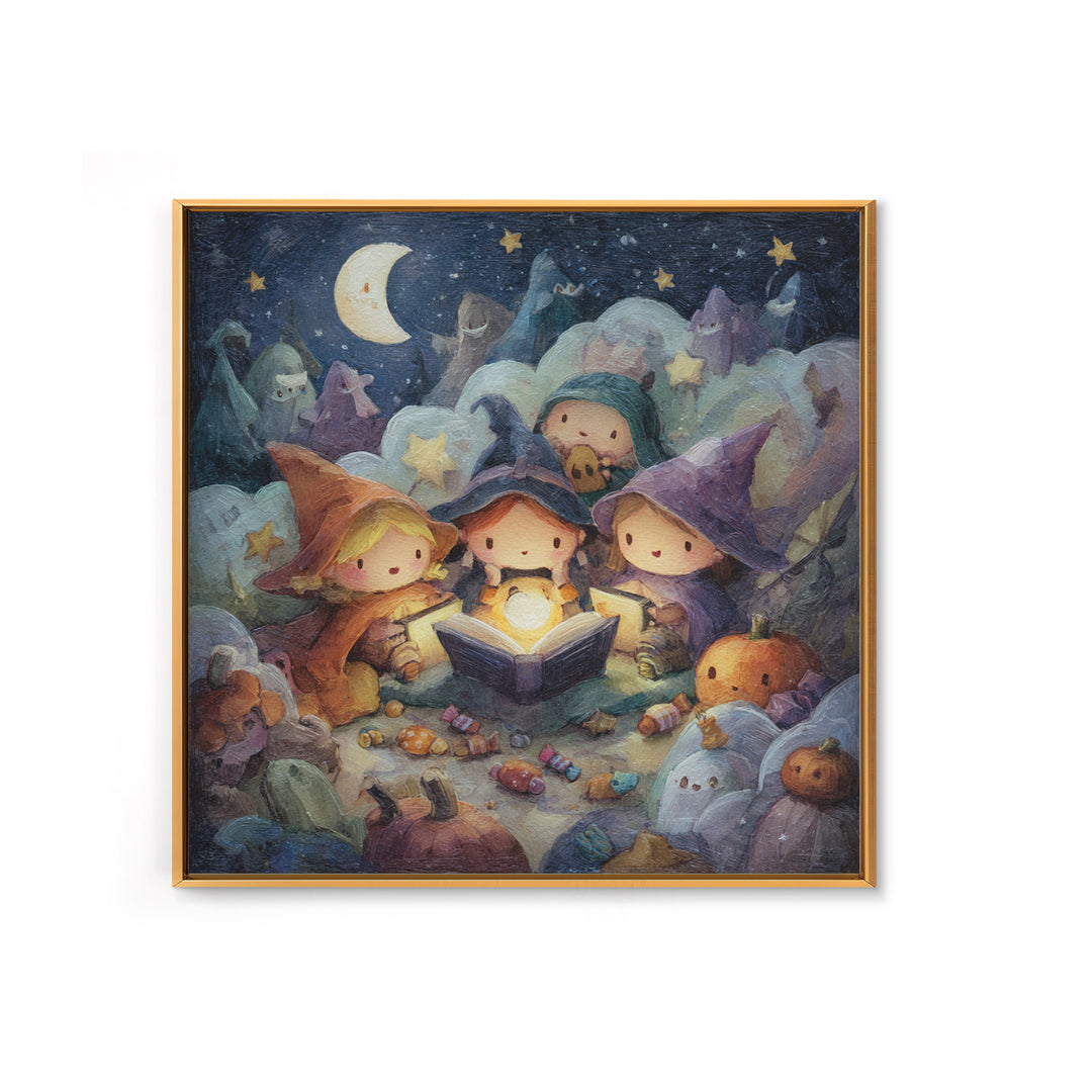 The Spellbook Sleepover, Pastel Halloween Art, Square Wall Art, Canvas Print, Cute Halloween Wall Art
