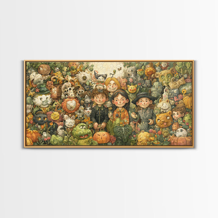 The Friendly Familiar Club, Paper Collage Halloween, Wide Panoramic Art, Framed Canvas Print, Cute Halloween Wall Art