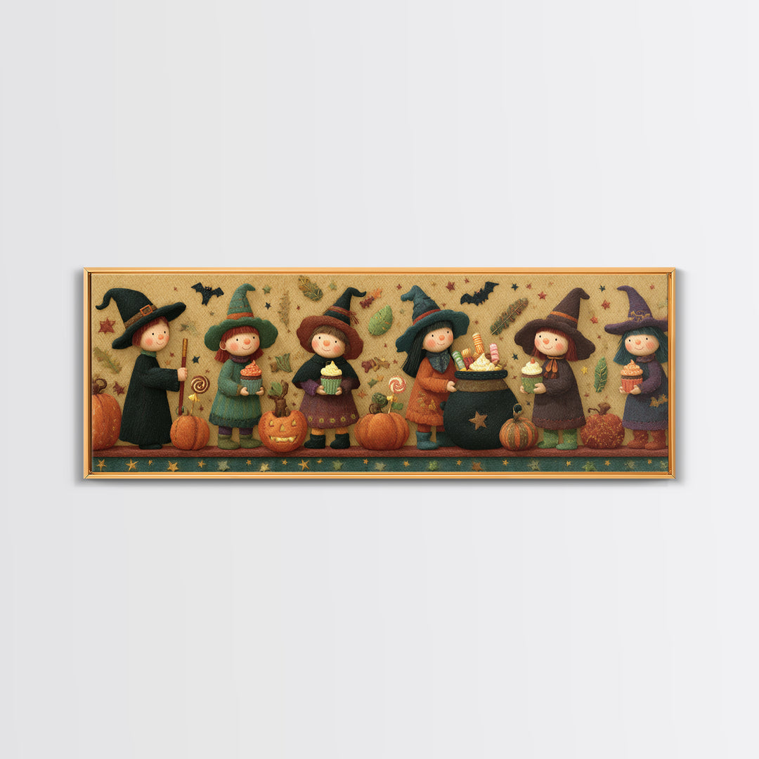 The Cupcake Cauldron Class, Felt Halloween Art, Extra Wide Wall Art, Canvas Print, Cute Halloween Wall Art