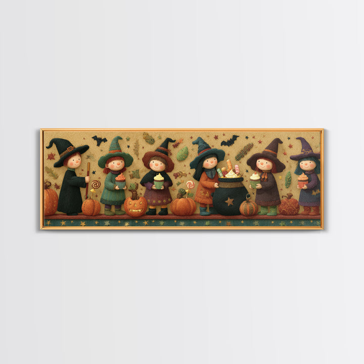 The Cupcake Cauldron Class, Felt Halloween Art, Extra Wide Wall Art, Canvas Print, Cute Halloween Wall Art