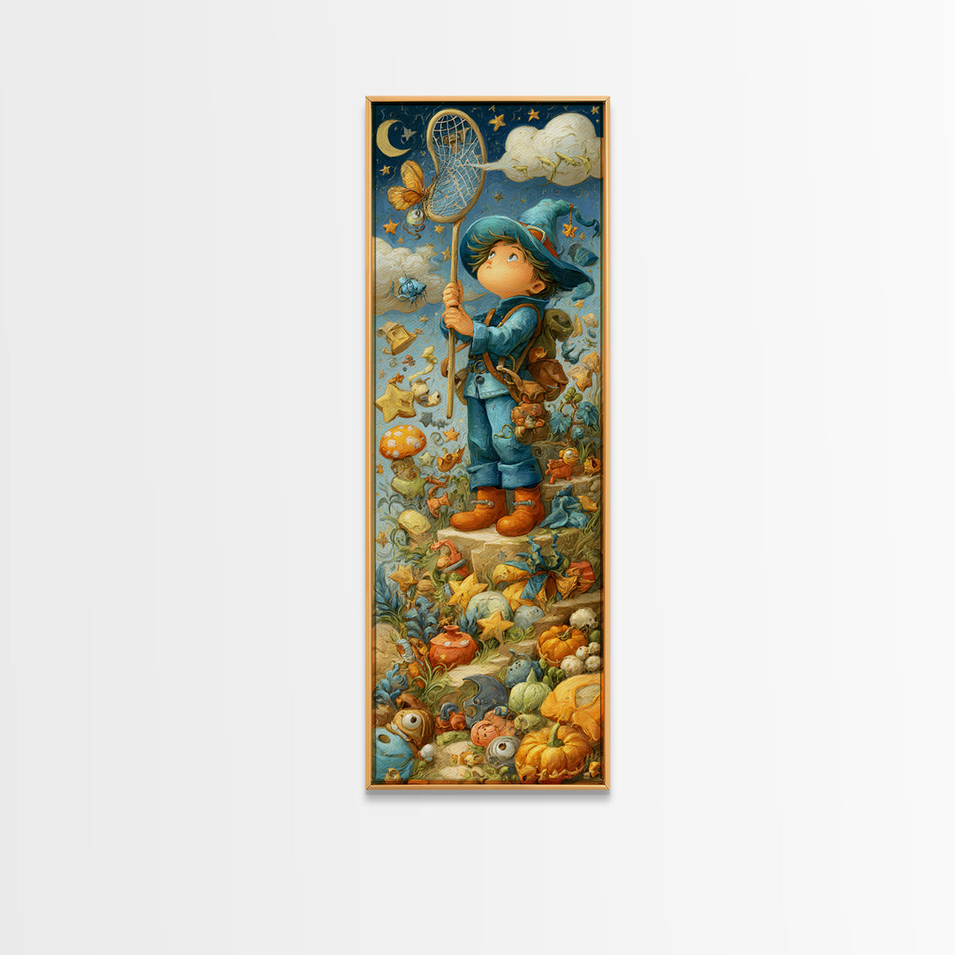 The Cloud-Catching Wizard, Clay Halloween Art, Tall Narrow Wall Art, Framed Canvas Print, Cute Halloween Wall Art