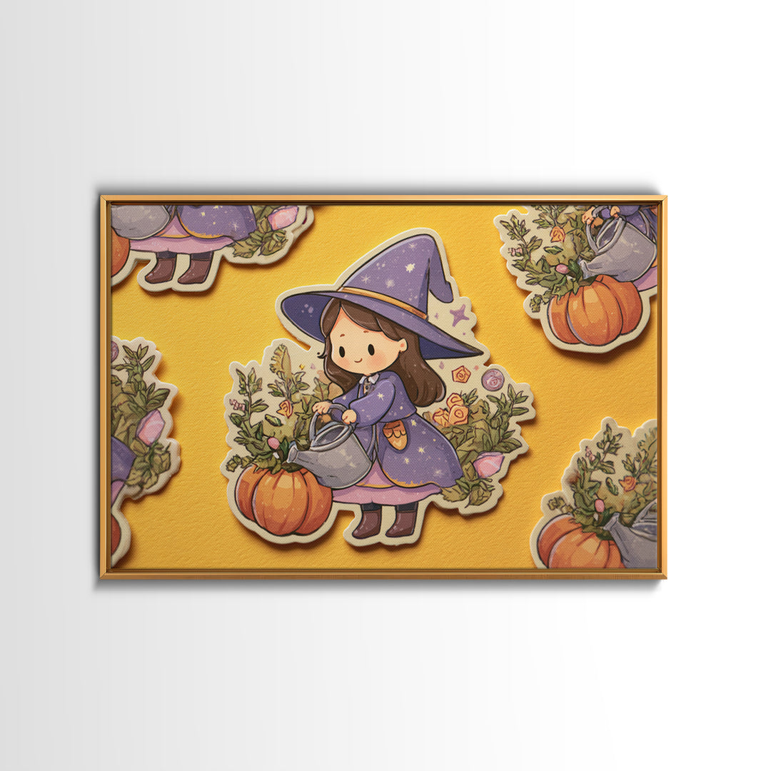 The Moon Garden Witch, Kawaii Halloween Art, Landscape Wall Art, Framed Canvas Print, Cute Halloween Wall Art