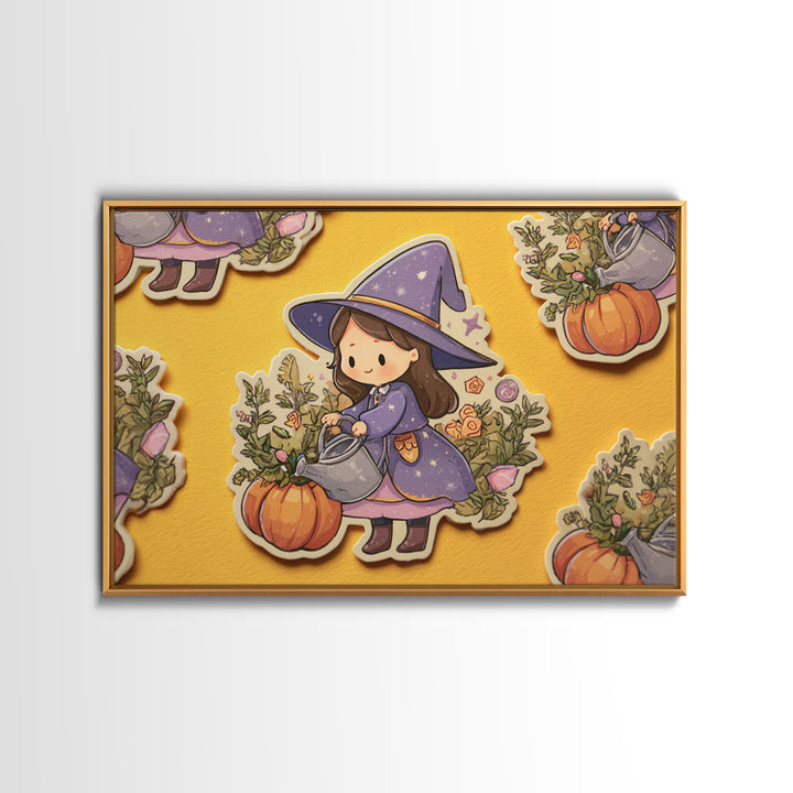 The Moon Garden Witch, Kawaii Halloween Art, Landscape Wall Art, Framed Canvas Print, Cute Halloween Wall Art