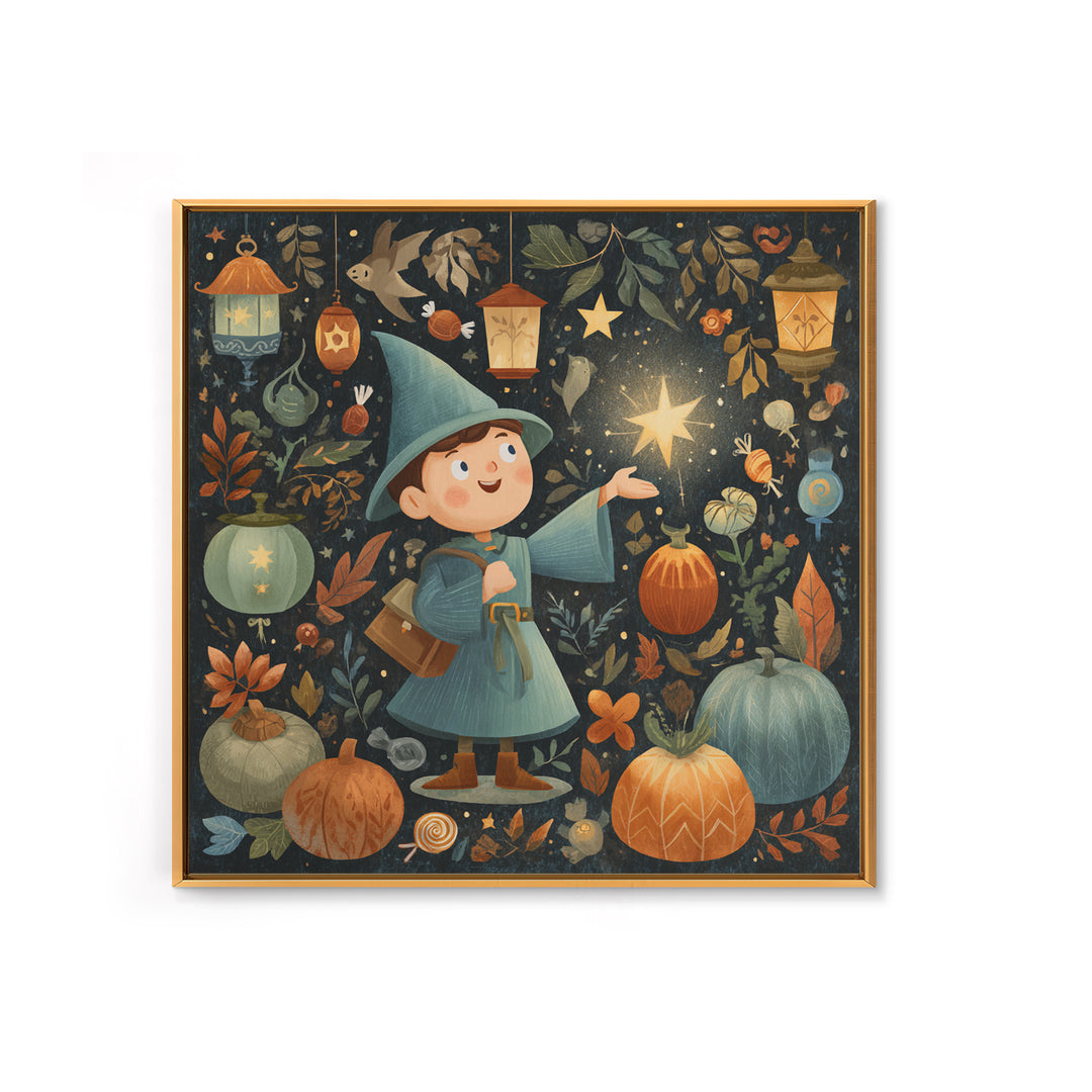 The Lantern-Light Wizard, Retro Halloween Art, Square Wall Art, Canvas Print, Cute Halloween Wall Art