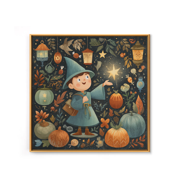 The Lantern-Light Wizard, Retro Halloween Art, Square Wall Art, Canvas Print, Cute Halloween Wall Art