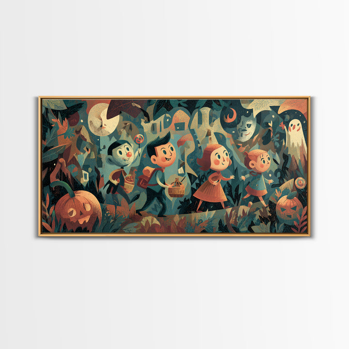 The Candy Map Adventurers, Screenprint Halloween Art, Wide Panoramic Art, Framed Canvas Print, Cute Halloween Wall Art