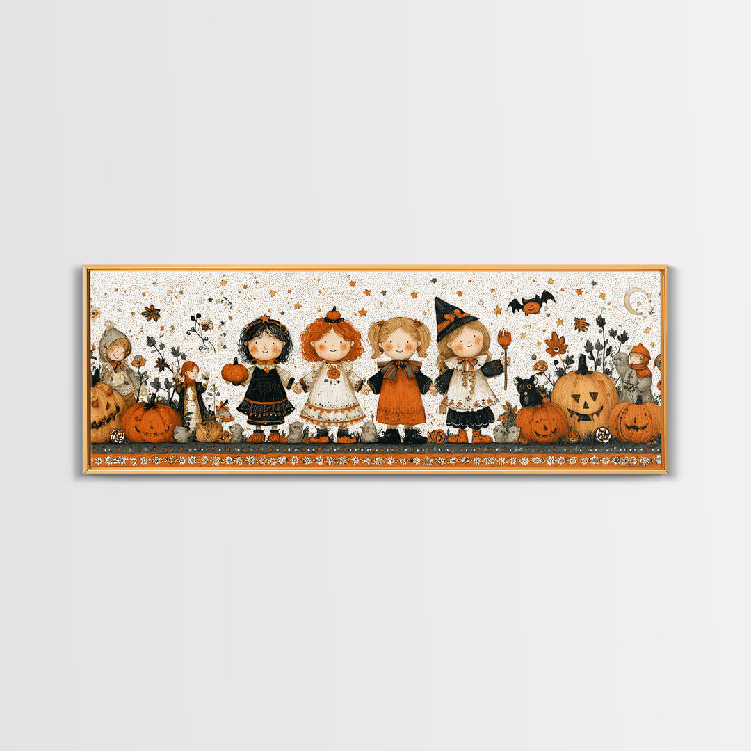 The Halloween Friendship Spell, Folk Halloween Art, Extra Wide Wall Art, Canvas Print, Cute Halloween Wall Art