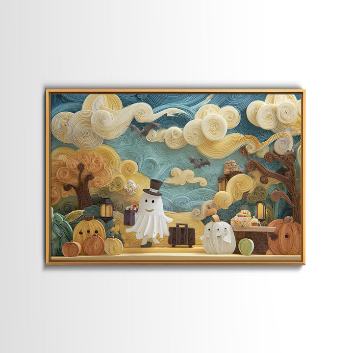 The Friendly Ghost Hotel, Quilled Halloween Art, Landscape Wall Art, Framed Canvas Print, Cute Halloween Wall Art