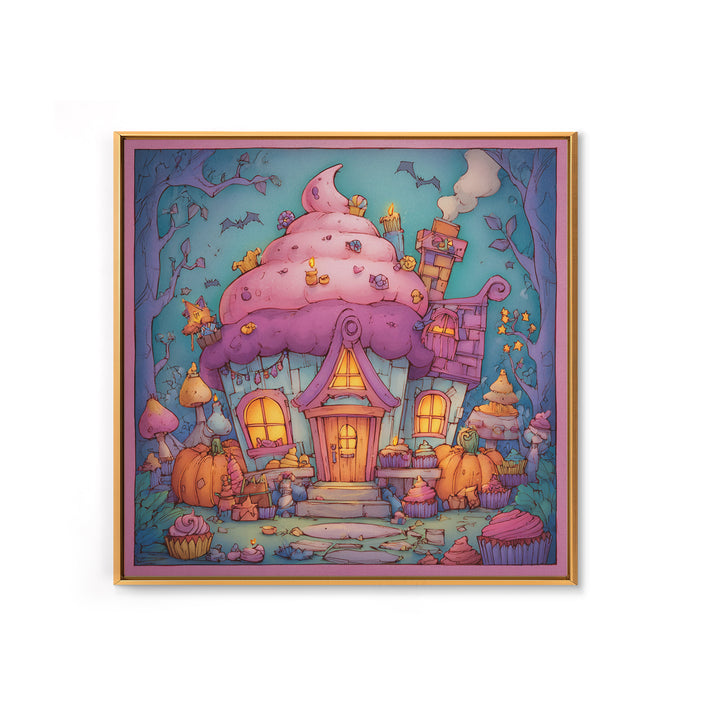 The Witch'S Cupcake Cottage, Stained Glass Halloween, Square Wall Art, Canvas Print, Cute Halloween Wall Art