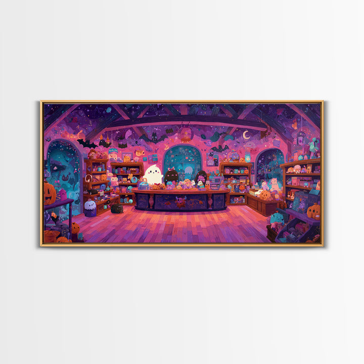 The Moonlight Toy Shop, Vaporwave Halloween Art, Wide Panoramic Art, Framed Canvas Print, Cute Halloween Wall Art