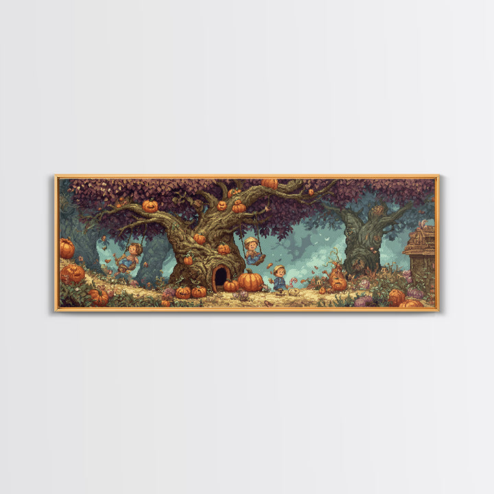 The Pumpkin Patch Playground, Pixel Halloween Art, Extra Wide Wall Art, Canvas Print, Cute Halloween Wall Art