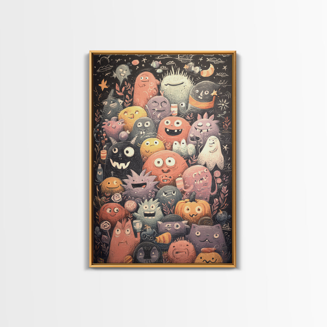 The Little Monster School, Hand Sketch Halloween Art, Vertical Wall Art, Canvas Print, Cute Halloween Wall Art