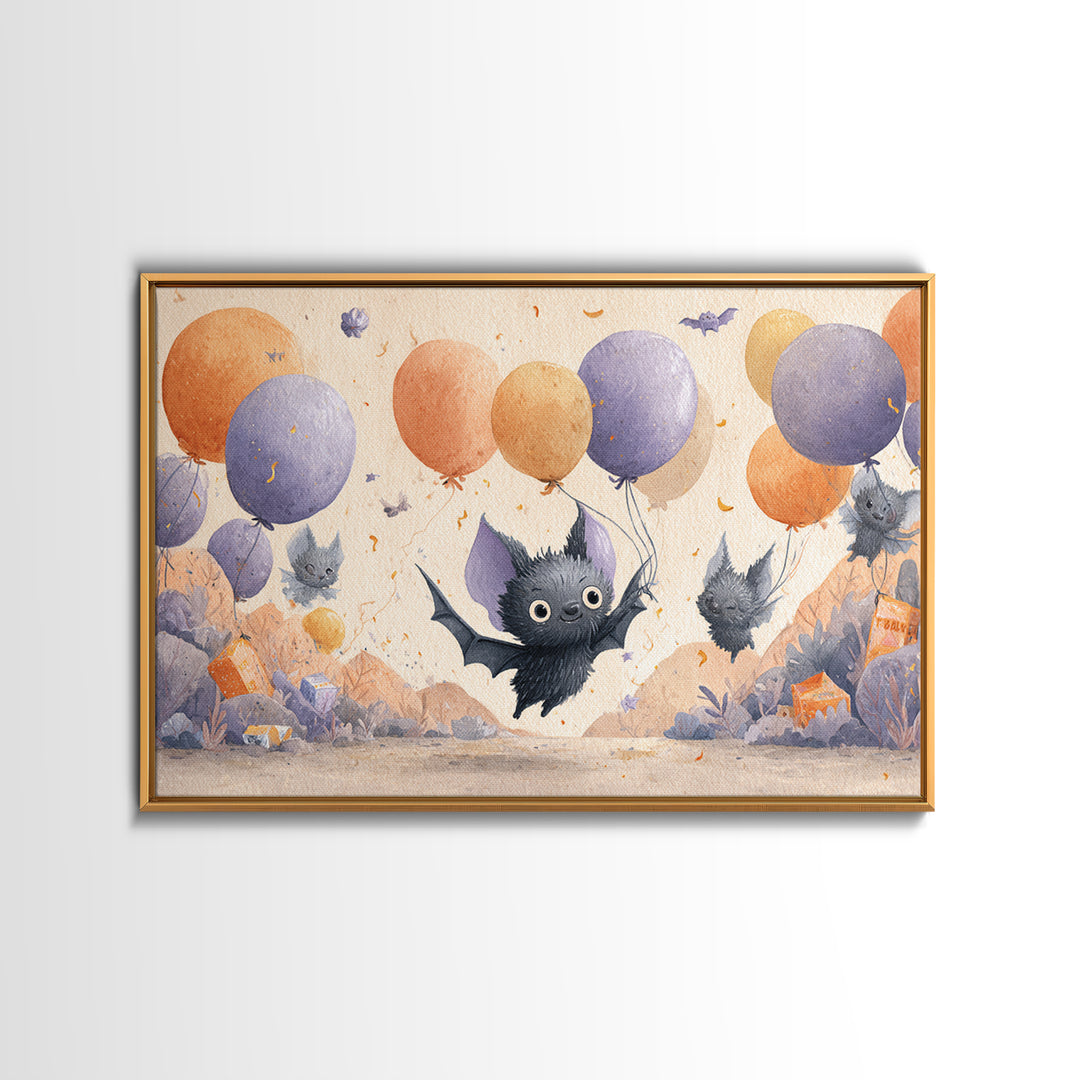 The Bat Balloon Factory, Watercolor Halloween Art, Landscape Wall Art, Framed Canvas Print, Cute Halloween Wall Art