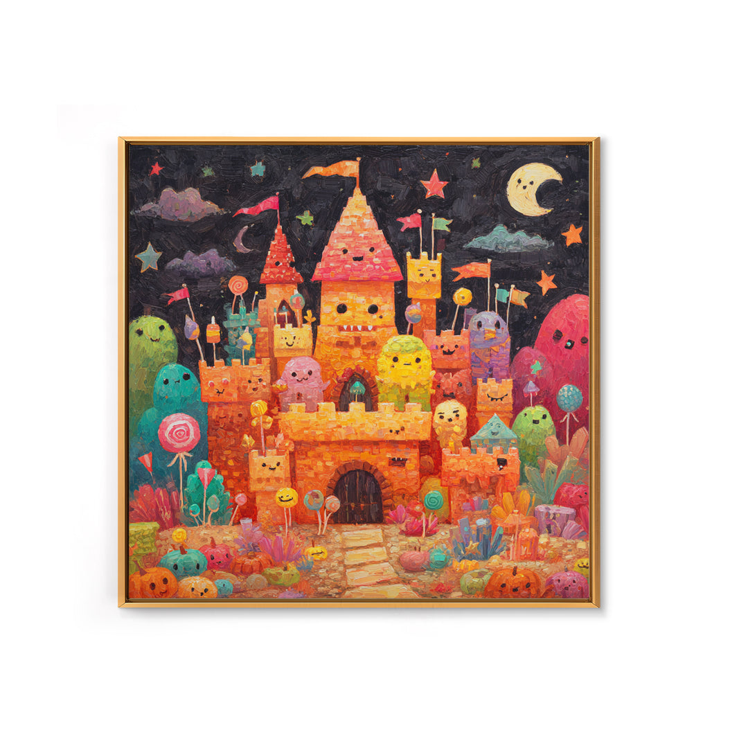 The Candy Castle, Gouache Halloween Art, Square Wall Art, Canvas Print, Cute Halloween Wall Art, Halloween Kids Decor