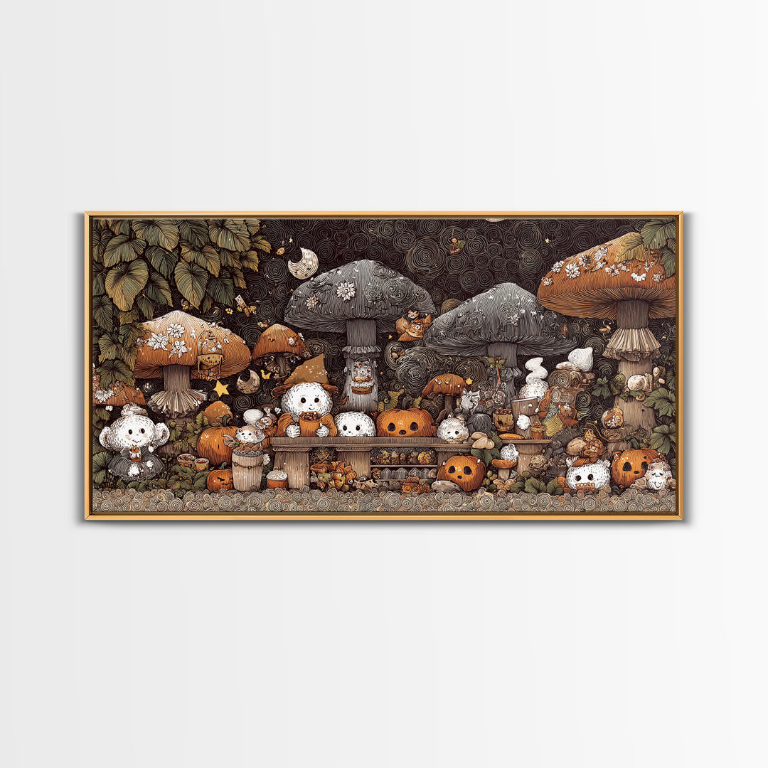 The Friendly Forest Cafe, Crayon Halloween Art, Wide Panoramic Art, Framed Canvas Print, Cute Halloween Wall Art