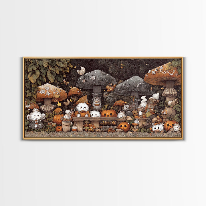 The Friendly Forest Cafe, Crayon Halloween Art, Wide Panoramic Art, Framed Canvas Print, Cute Halloween Wall Art