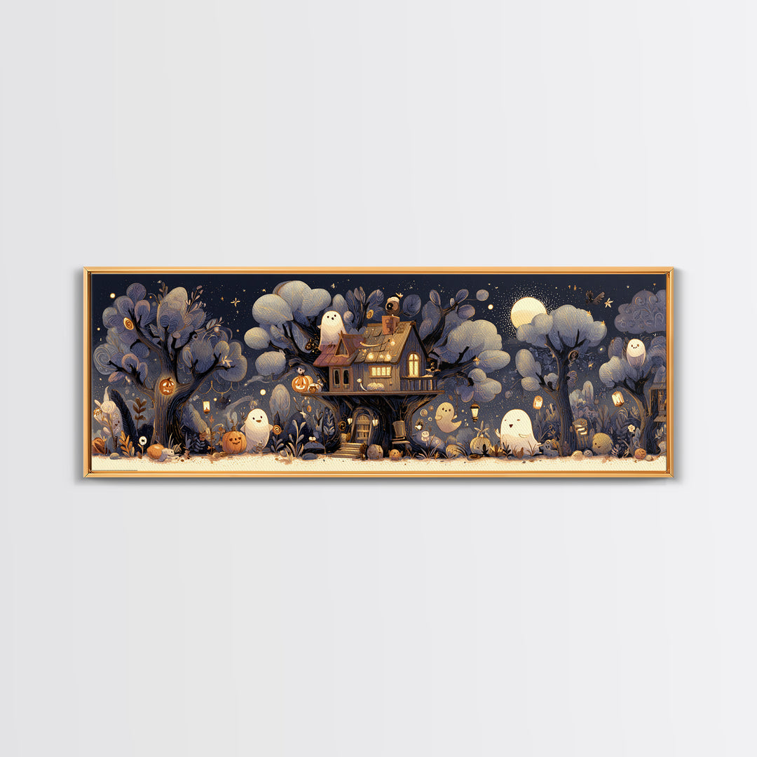 The Ghostly Treehouse, Pastel Halloween Art, Extra Wide Wall Art, Canvas Print, Cute Halloween Wall Art