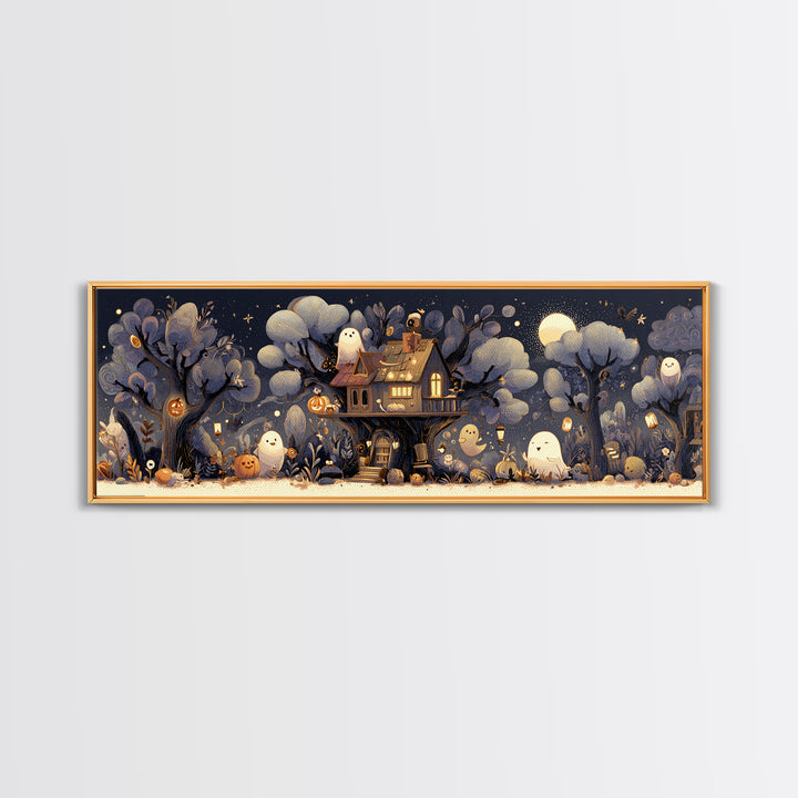 The Ghostly Treehouse, Pastel Halloween Art, Extra Wide Wall Art, Canvas Print, Cute Halloween Wall Art