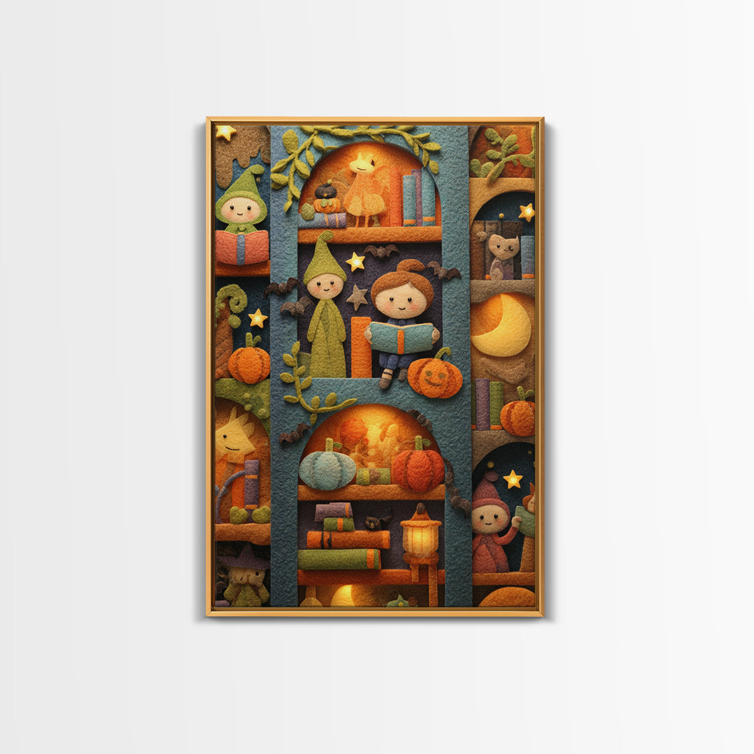 The Moonbeam Library, Felt Halloween Art, Vertical Wall Art, Canvas Print, Cute Halloween Wall Art, Whimsical Nursery Decor