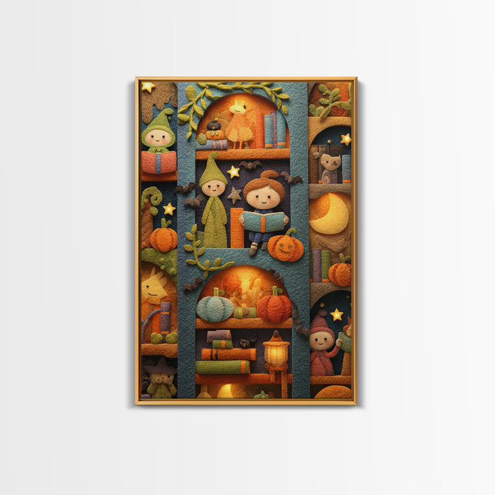 The Moonbeam Library, Felt Halloween Art, Vertical Wall Art, Canvas Print, Cute Halloween Wall Art, Whimsical Nursery Decor
