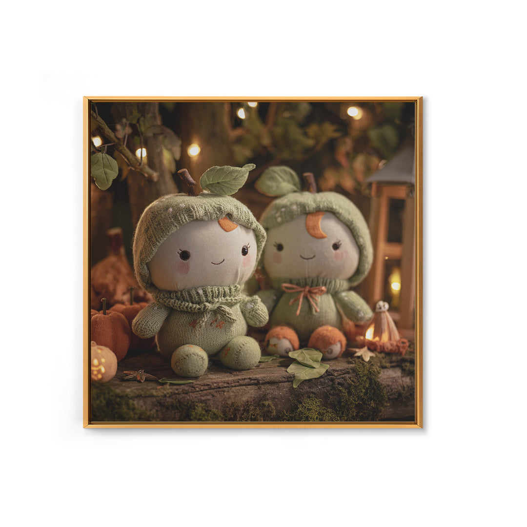 The Enchanted Apple Orchard, Plush Halloween Art, Square Wall Art, Canvas Print, Cute Halloween Wall Art