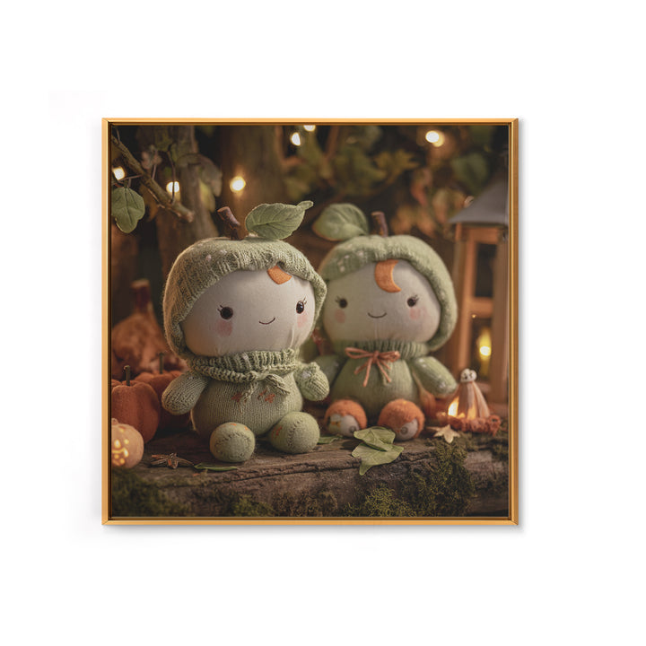 The Enchanted Apple Orchard, Plush Halloween Art, Square Wall Art, Canvas Print, Cute Halloween Wall Art