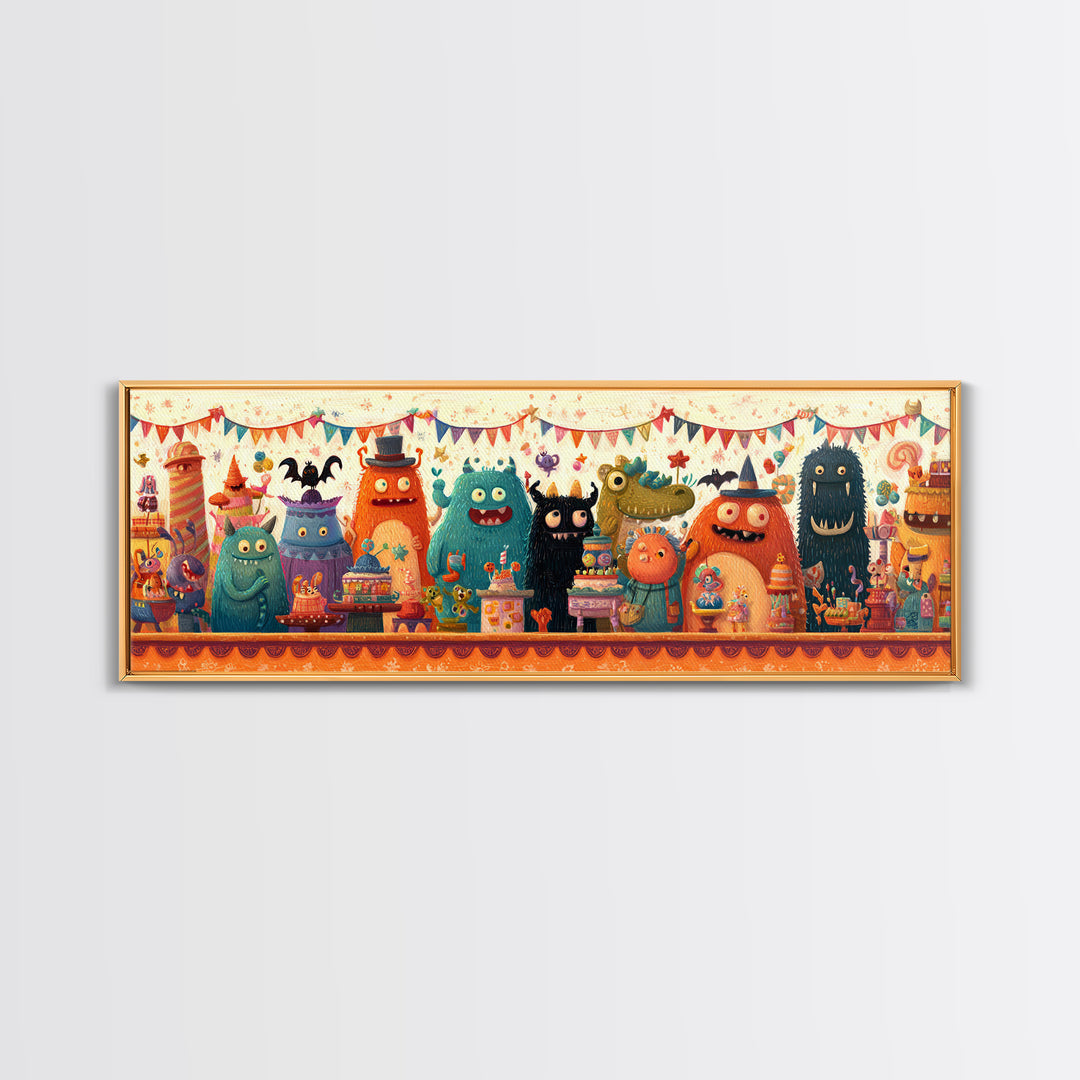The Friendly Monster Market, Retro Halloween Art, Extra Wide Wall Art, Canvas Print, Cute Halloween Wall Art