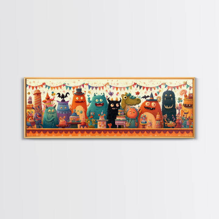 The Friendly Monster Market, Retro Halloween Art, Extra Wide Wall Art, Canvas Print, Cute Halloween Wall Art