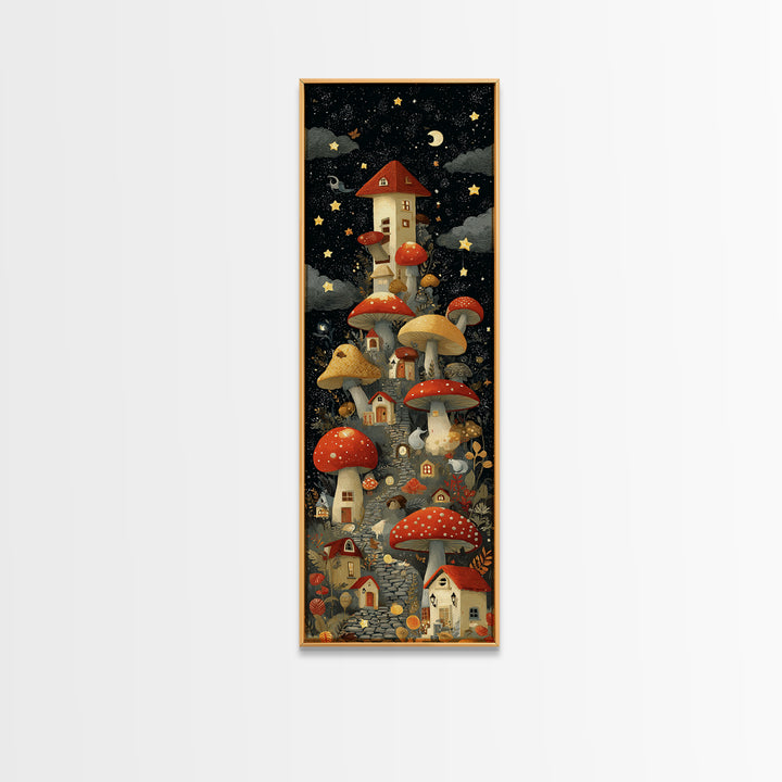 The Lantern-Lit Mushroom Village, Screenprint Halloween Art, Tall Narrow Wall Art, Framed Canvas Print, Cute Halloween Wall Art