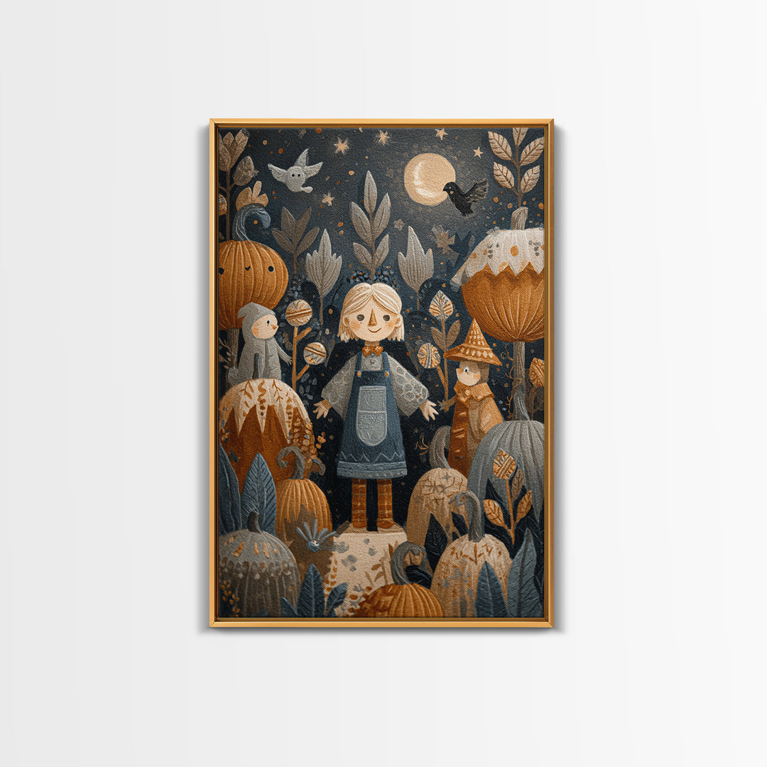 The Starry Pumpkin Farm, Folk Halloween Art, Vertical Wall Art, Canvas Print, Cute Halloween Wall Art