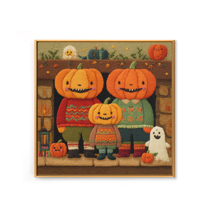 The Pumpkin Family Portrait, Embroidered Halloween Art, Square Wall Art, Canvas Print, Cute Halloween Wall Art
