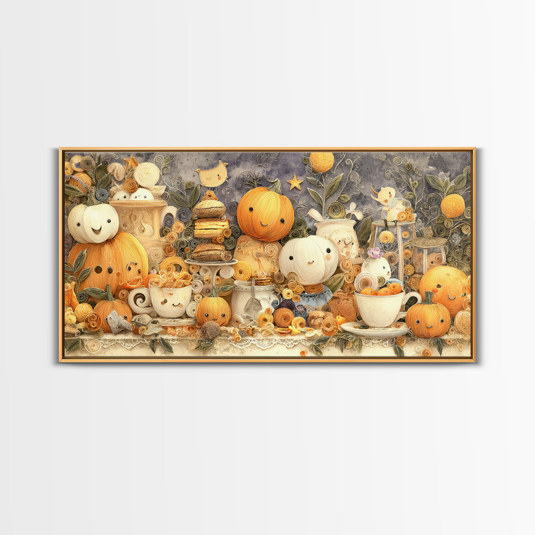 The Pumpkin Tea Party, Quilled Halloween Art, Wide Panoramic Art, Framed Canvas Print, Cute Halloween Wall Art