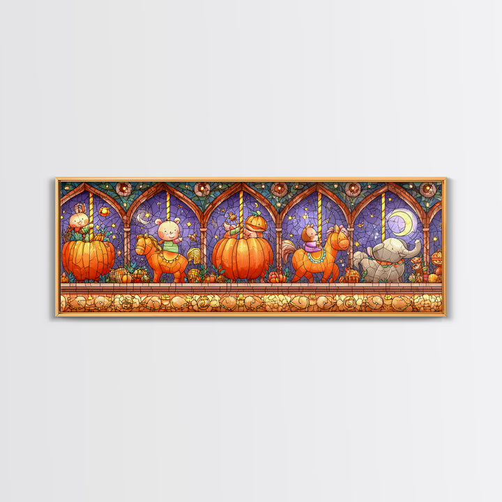 The Pumpkin Carousel, Stained Glass Halloween, Extra Wide Wall Art, Canvas Print, Cute Halloween Wall Art