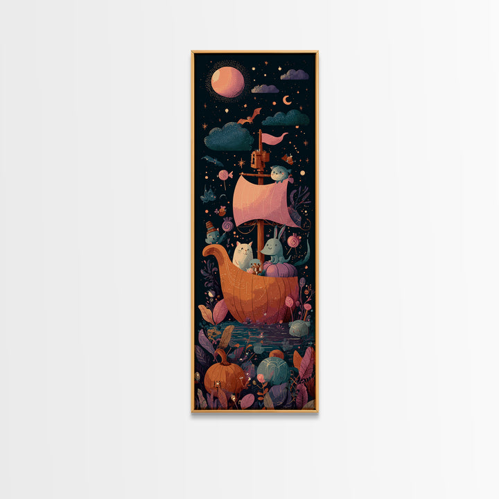 The Pumpkin Sailboat, Vaporwave Halloween Art, Tall Narrow Wall Art, Framed Canvas Print, Cute Halloween Wall Art