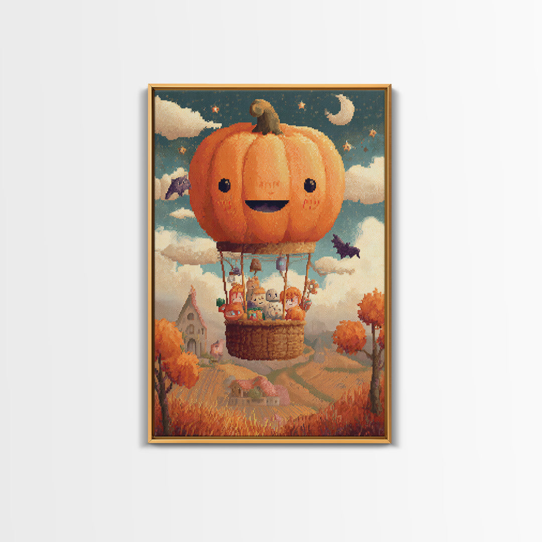 The Pumpkin Hot-Air Balloon, Pixel Halloween Art, Vertical Wall Art, Canvas Print, Cute Halloween Wall Art