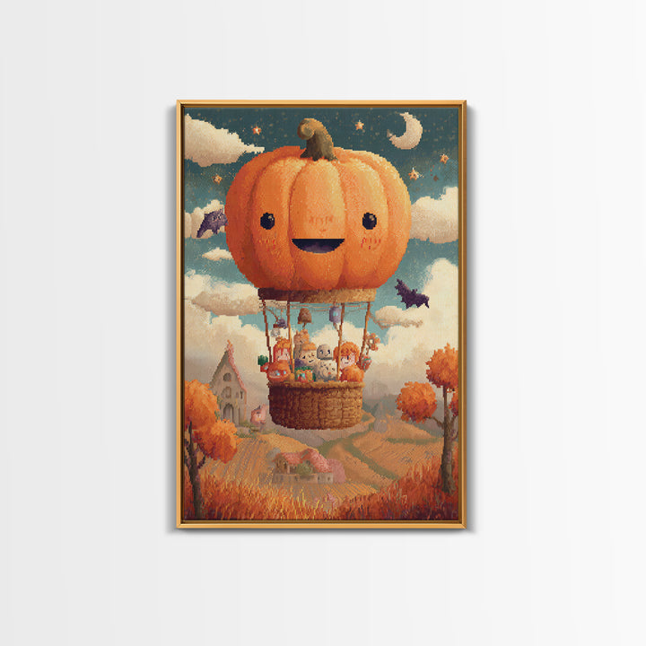 The Pumpkin Hot-Air Balloon, Pixel Halloween Art, Vertical Wall Art, Canvas Print, Cute Halloween Wall Art