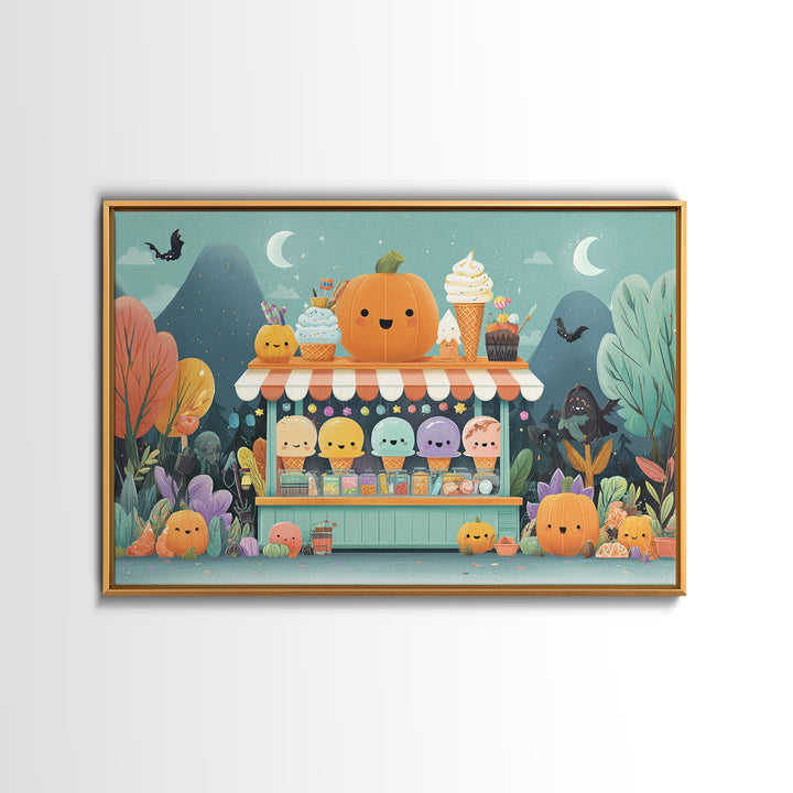 The Pumpkin Ice-Cream Stand, Vector Halloween Art, Landscape Wall Art, Framed Canvas Print, Cute Halloween Wall Art