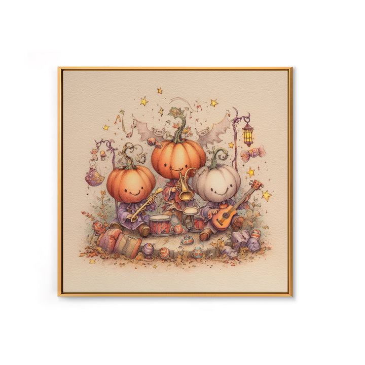 The Pumpkin Music Band, Hand Sketch Halloween Art, Square Wall Art, Canvas Print, Cute Halloween Wall Art